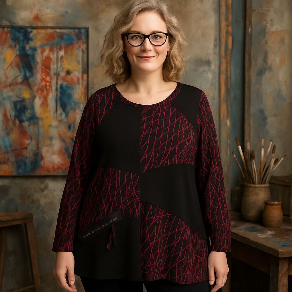Yushi Tunic‎ Shirt Womens Large Black Red Crackle Artsy Asian Lagenlook Coastal